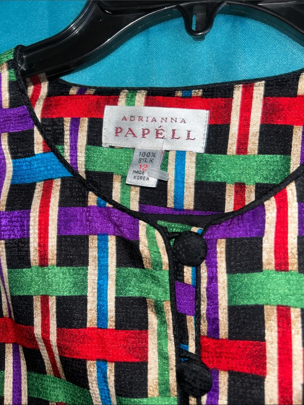 Vintage Adriana Papell 100%silk multi color pattern jacket Ptp 21” - Picture 3 of 6